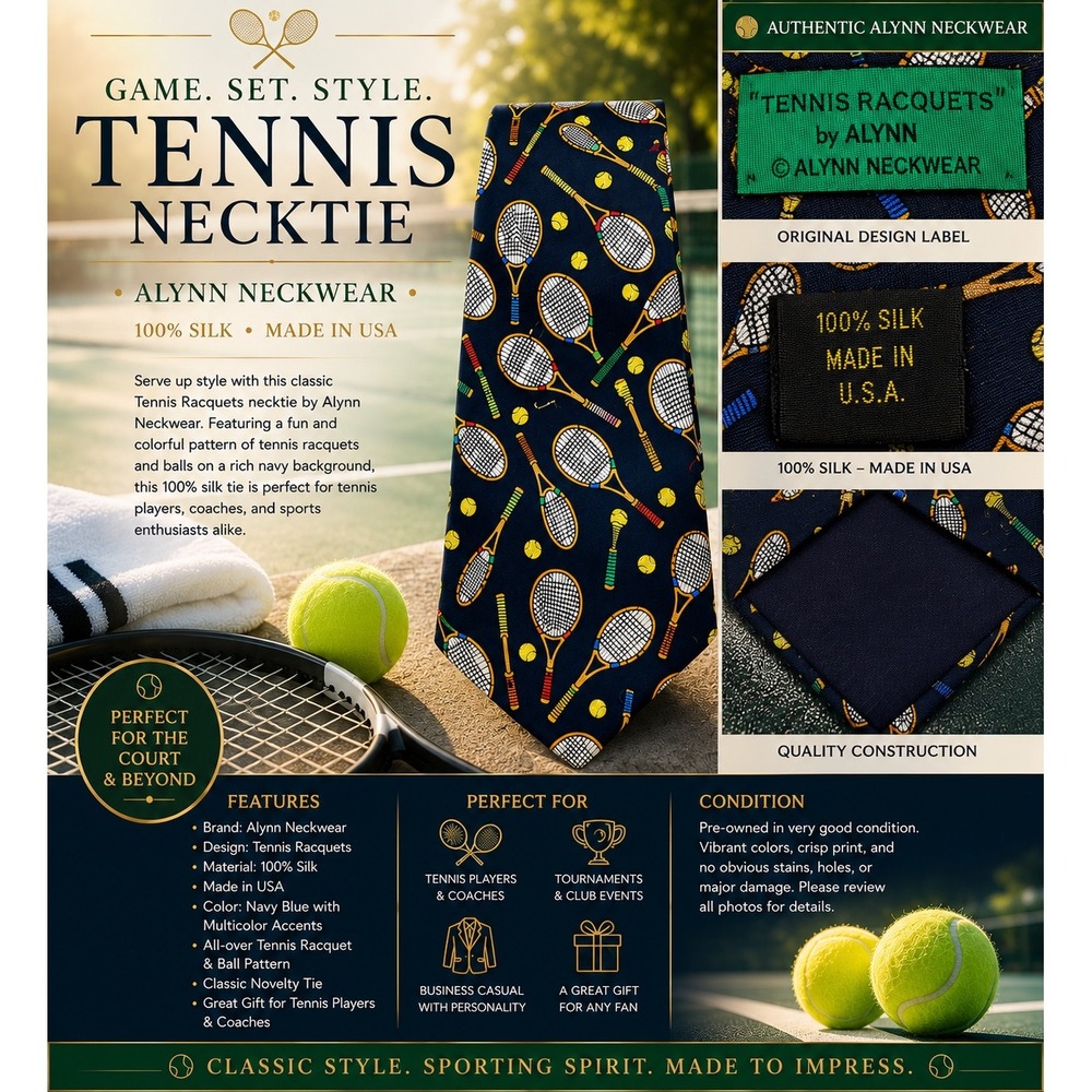 Alynn Neckwear "Tennis Racquets" Men's 100% Silk Tie Navy Blue Made in USA